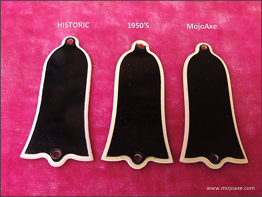 The MojoAxe truss rod cover replicates the correct profile and 20° bevel of the 1950's bell truss rod cover. MojoAxe Replica Pickguards for Les Paul Guitars